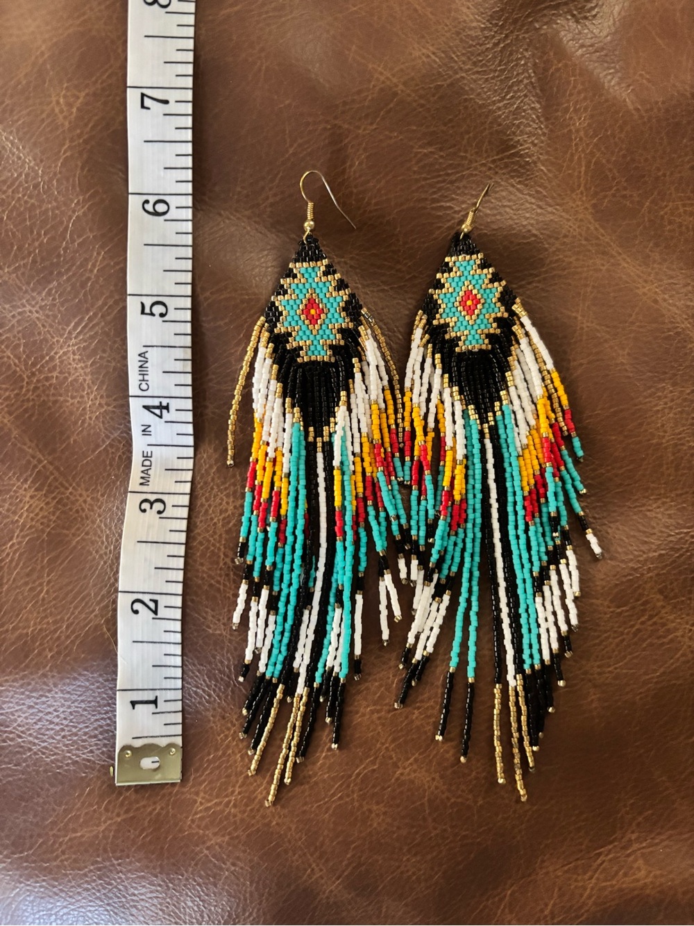Beaded Fringe Statement Earrings in Turquoise, Black & Gold